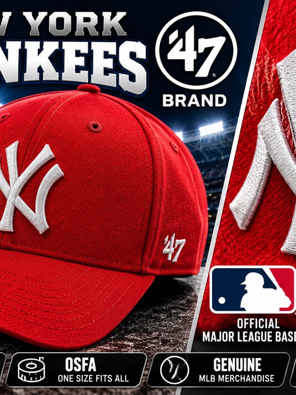 New York Yankees ’47 Brand Red Adjustable Hat Cap MLB OSFA Embroidered Logo